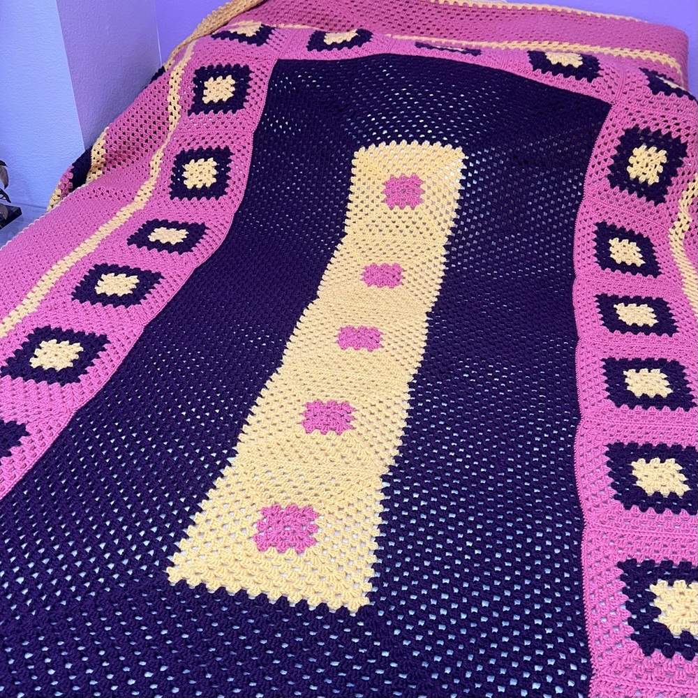 Huge extra large handmade crochet colors afghan size 104”x 78” Hello Kitty color